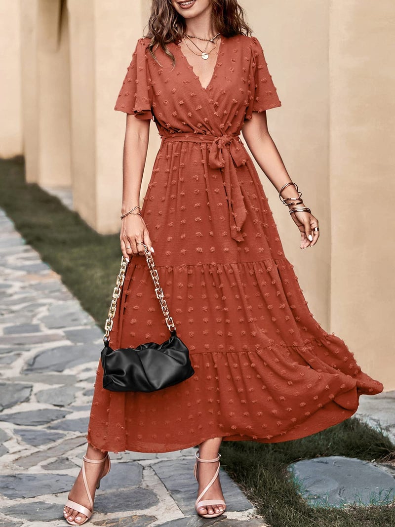 MASCOMODA Womens Boho Swiss Dot Maxi Dresses Wrap V Neck Flutter Short Sleeve Solid Tie Belt A Line Tiered Flowy Long Dress(Orange,Large) - Image 4