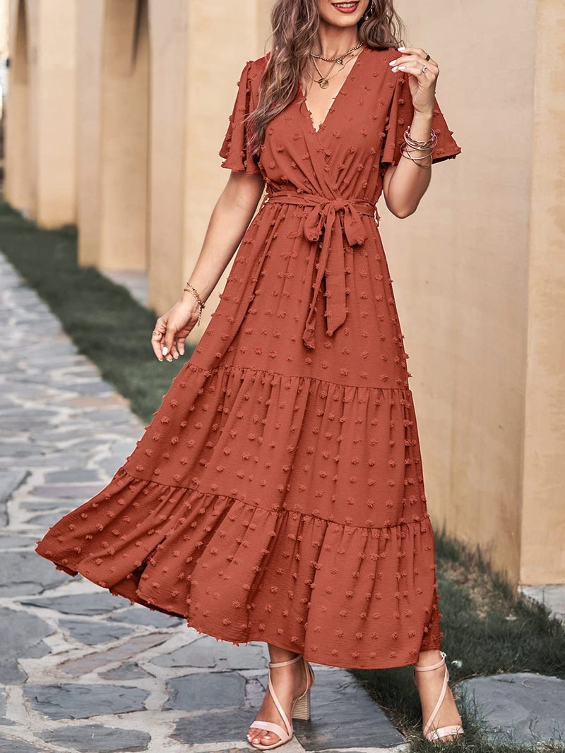 MASCOMODA Womens Boho Swiss Dot Maxi Dresses Wrap V Neck Flutter Short Sleeve Solid Tie Belt A Line Tiered Flowy Long Dress(Orange,Large) - Image 2