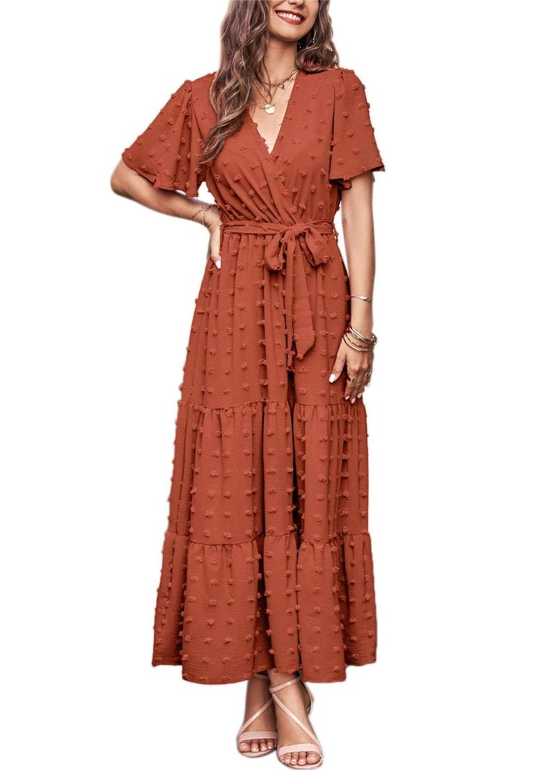 MASCOMODA Womens Boho Swiss Dot Maxi Dresses Wrap V Neck Flutter Short Sleeve Solid Tie Belt A Line Tiered Flowy Long Dress(Orange,Large) - Image 1