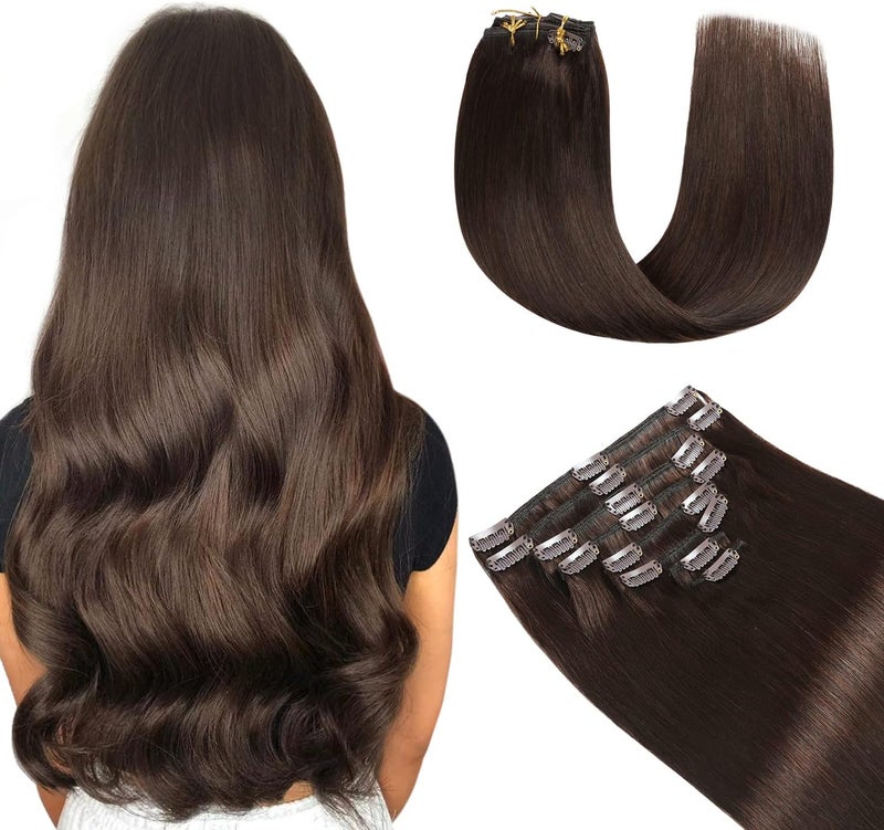 Yilite Clipin Hair Extensions 14 Inch 110g 8pcs Real Human Hair Natural Silky Double Weft Dark Brown