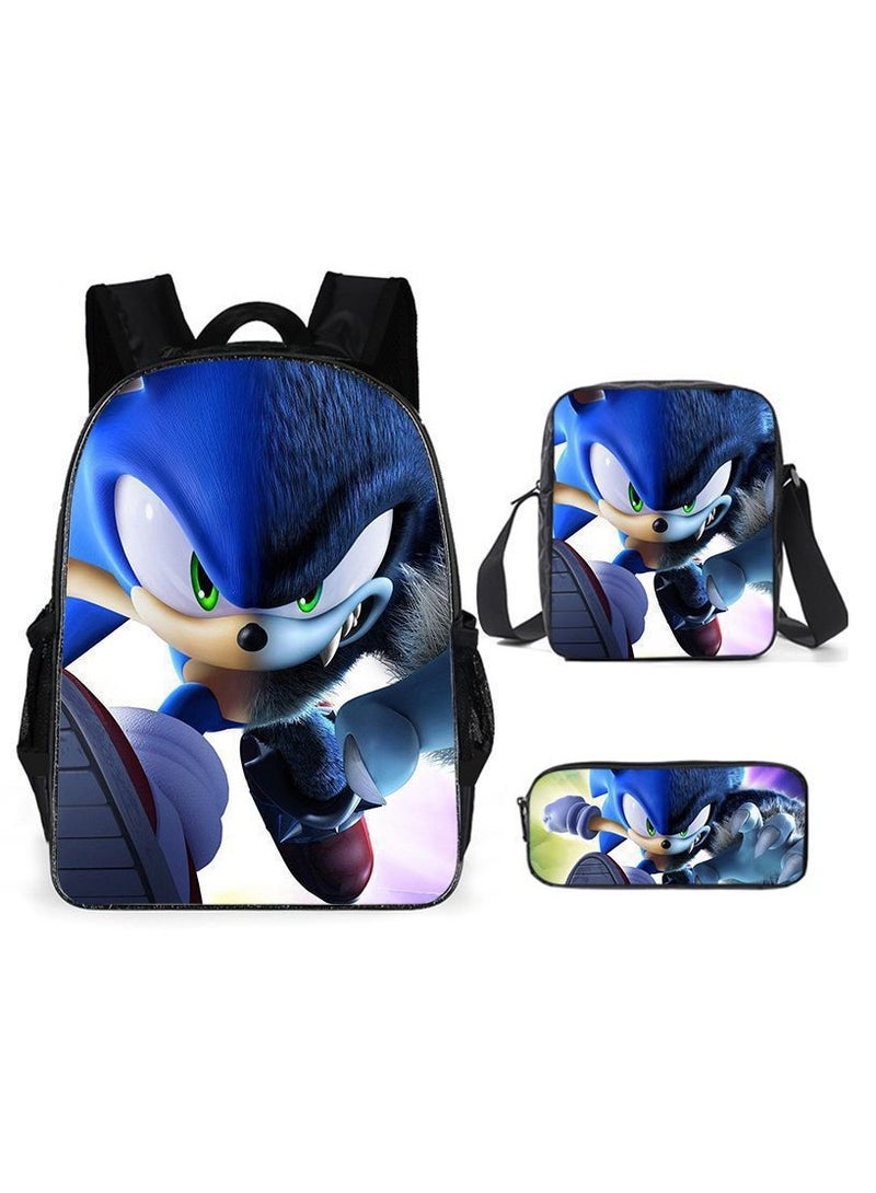 سونيك حقيبة ظهر سونيك الابتدائية للمدرسة، حقيبة ظهر كرتونية أنمي، حقيبة أقلام رصاص، مجموعة من ثلاث قطع 29*16*42 سم