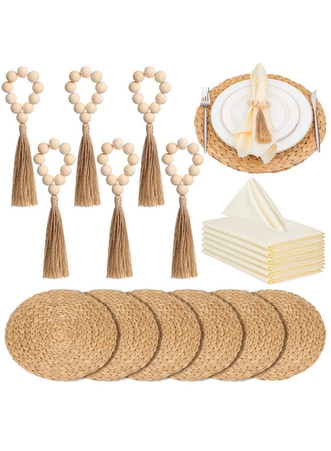 Gejoy Gejoy Boho Woven Placemats Wood Bead Napkin Rings with Dinner Napkins Cloth Round Water Hyacinth Placemats Heat Resistant Mats Wooden Rings for Plates Wedding Dining Table(18 Pcs)  - Image 1