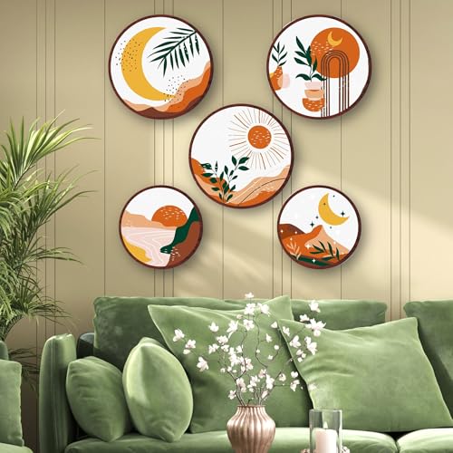 Nozvera Boho Boho Sun and Moon Wall Art Set of 5 – Modern Abstract Round Canvas Prints with Sun, Moon, and Nature Designs – Minimalist Aesthetic for Living Room - Image 1