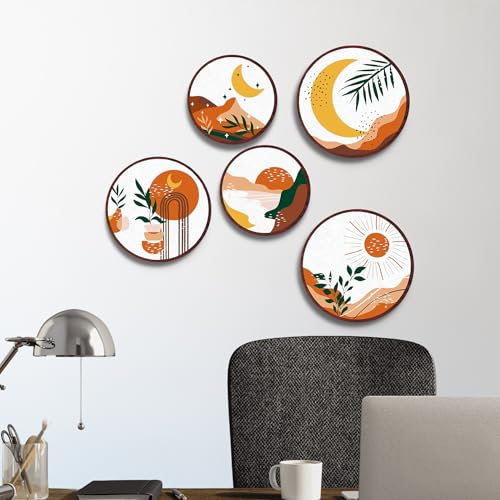 Nozvera Boho Boho Sun and Moon Wall Art Set of 5 – Modern Abstract Round Canvas Prints with Sun, Moon, and Nature Designs – Minimalist Aesthetic for Living Room - Image 2