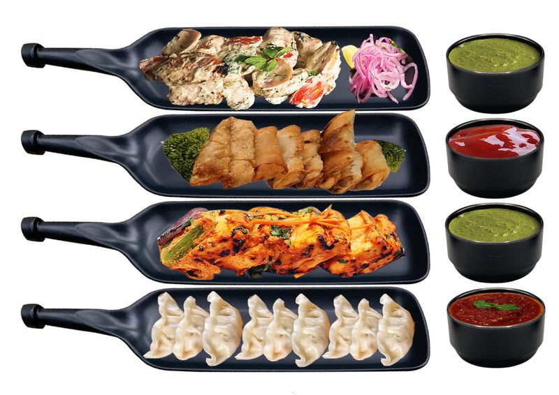 ZIDO (Pack of 8 Multipurpose Serving Platter (4 Bat Shape Platter with 4 Dip Bowl) for All Types of Snacks Like Momos, Spring roll, Chaap, Chilli Potato, Pasta, Tandoori Items etc - Image 2