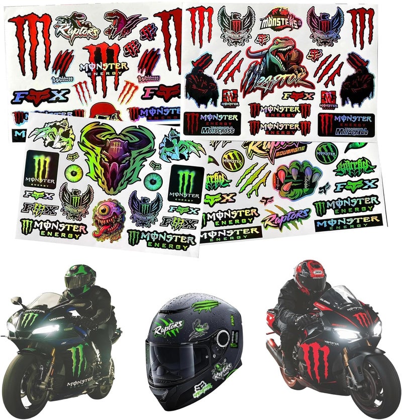 POKITA X 4 PCS Reflective Monster Energy Sticker Combo Pack (Red & Green) - High-Visibility Waterproof Motorcycle Helmet Decals for Bike, Skateboard, Scratch Resistant DIY Bike & Quad Stickers - Image 1