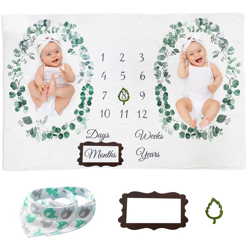 Vlokup Twins Baby Milestone Blanket for Boys  Girls Premium Flannel Photography Background Prop Blankets Neutral Boho Green Leaf Wreath