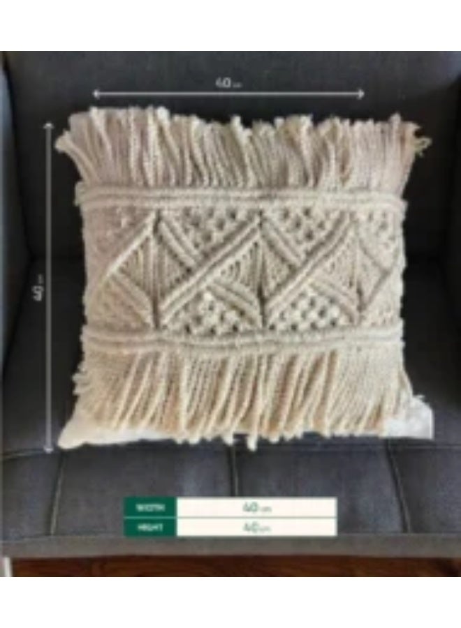 HMK CRAFTS Handmade macramé cushion with a bohemian geometric pattern, 100% natural cotton decorative pillow cover for sofa and bed, off-white color - Image 1