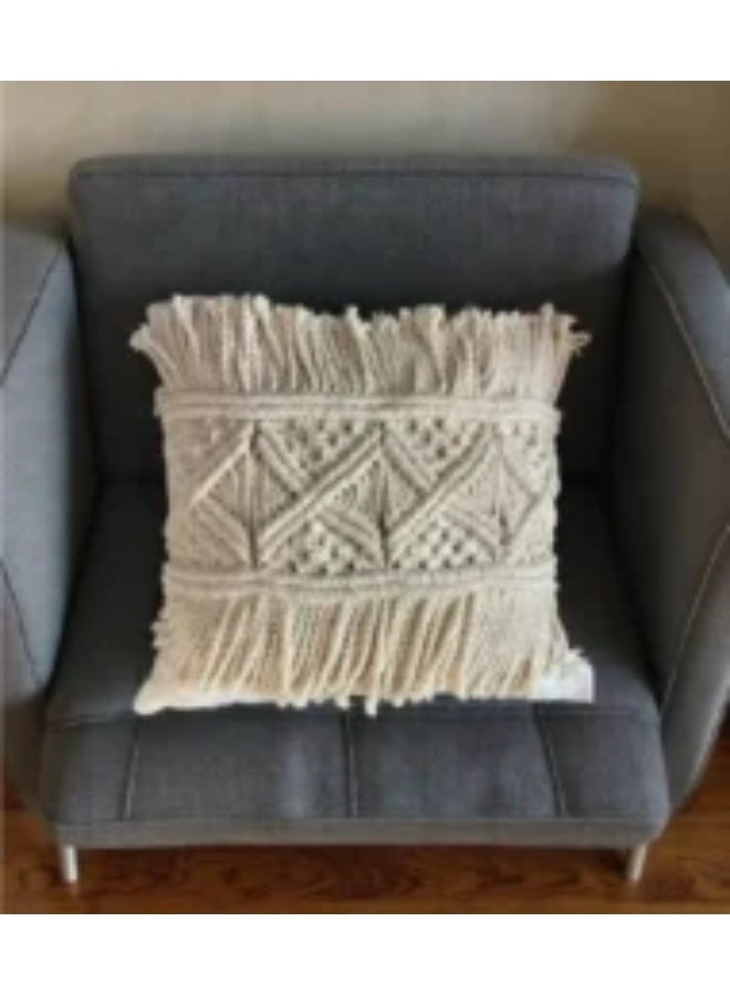 HMK CRAFTS Handmade macramé cushion with a bohemian geometric pattern, 100% natural cotton decorative pillow cover for sofa and bed, off-white color - Image 2