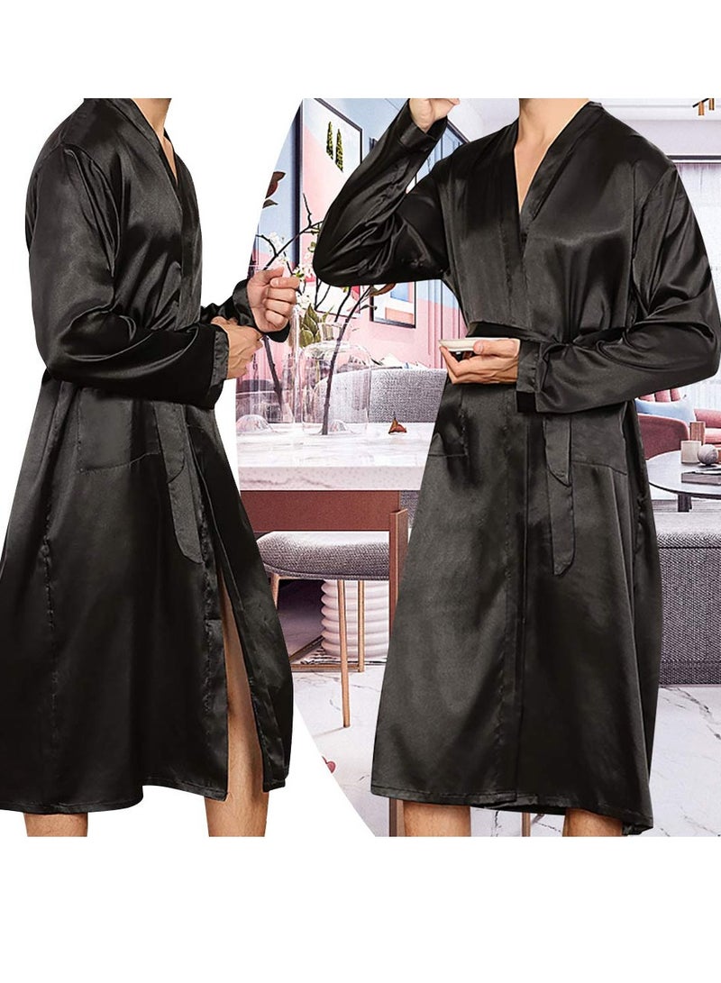 MARGOUN Men's Dressing Gown Kimono Robe Lightweight Silk Long Sleeved Home Sleepwear Loungewear Black XXL (Length 50''/Chest 27'') - Image 4