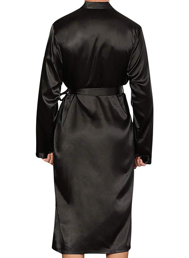 MARGOUN Men's Dressing Gown Kimono Robe Lightweight Silk Long Sleeved Home Sleepwear Loungewear Black XXL (Length 50''/Chest 27'') - Image 3