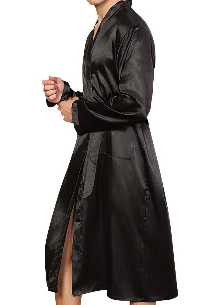 MARGOUN Men's Dressing Gown Kimono Robe Lightweight Silk Long Sleeved Home Sleepwear Loungewear Black XXL (Length 50''/Chest 27'') - Image 5