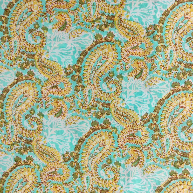 AVKA Studio Hand Block Print Fabric by The Yard PRECUT 5 Yard 42 Inch Width 100 Cotton Material Turquoise and Yellow Paisley Pattern Light Weight Indian Cloth for Making Summer Dress Tops