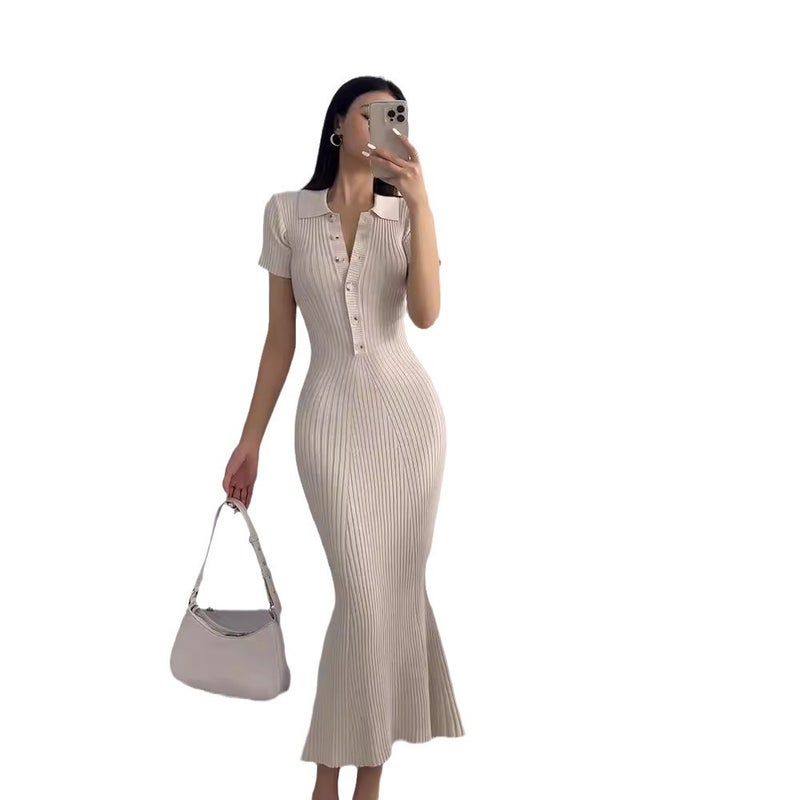 Women's Slim Fit Knitted Mermaid Dress with Polo Collar - Image 5