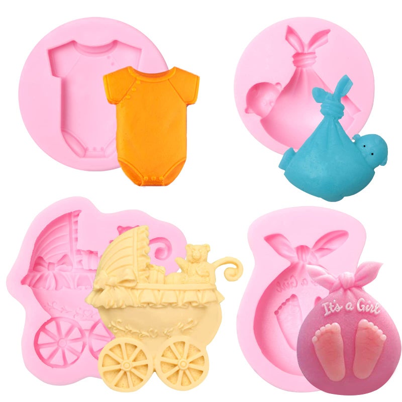 ywzbomoldrm Baby Shower Cupcake Topper Chocolate Candy Silicone Molds 4 Pcs  Cute Baby Baby Cake Carriage and Clothes Feet Fondant Mold for Bodysuit Baby Onesie Shirt Mold Cake Decoration Sugar - Image 1