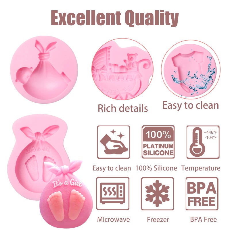 ywzbomoldrm Baby Shower Cupcake Topper Chocolate Candy Silicone Molds 4 Pcs  Cute Baby Baby Cake Carriage and Clothes Feet Fondant Mold for Bodysuit Baby Onesie Shirt Mold Cake Decoration Sugar - Image 3