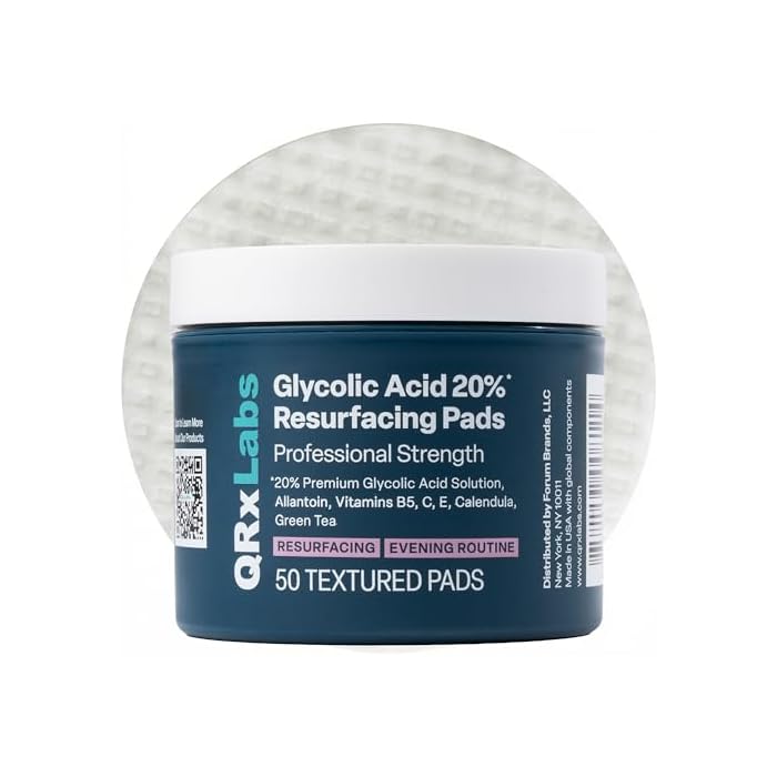 QRxLabs Glycolic Acid Pads - 20% Resurfacing Pads AHA for Face & Body - Exfoliates Skin Surface and Reduces Appearance of Fine Lines and Wrinkles - Acne Treatment Clearing - Daily Pads - 50ct
