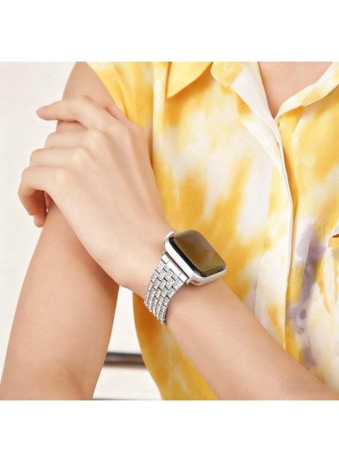 Luxury Zircon Apple Watch Band, Stainless Steel Smartwatch Strap, Adjustable iWatch Band Replacement, Compatible with 42mm/44mm/45mm/49mm Models (Series 1–9, SE, Ultra & Ultra 2) — Silver - Image 3