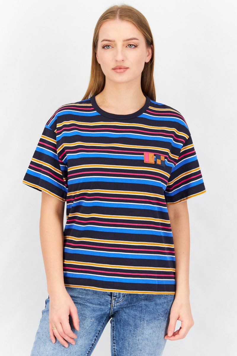 Aigle تي شيرت نسائي بأكمام قصيرة وياقة دائرية، تصميم مخطط، مجموعة ألوان زرقاء داكنة - Image 1