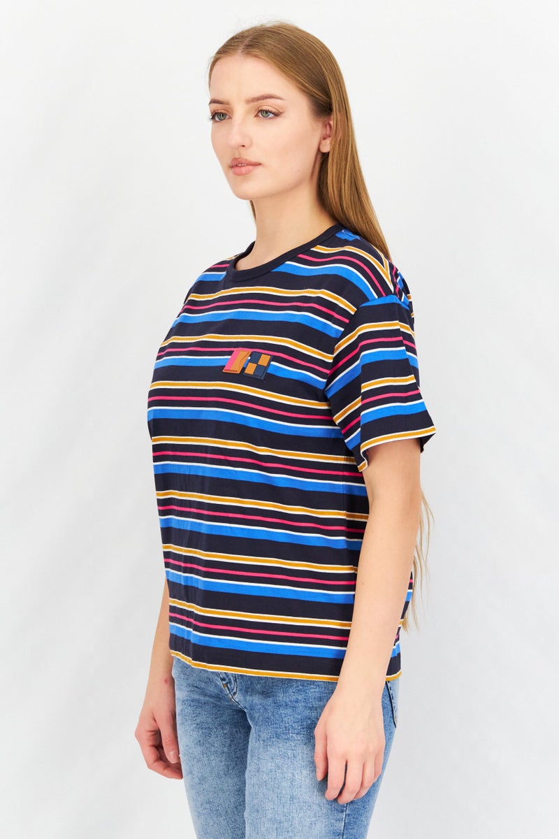 Aigle تي شيرت نسائي بأكمام قصيرة وياقة دائرية، تصميم مخطط، مجموعة ألوان زرقاء داكنة - Image 3