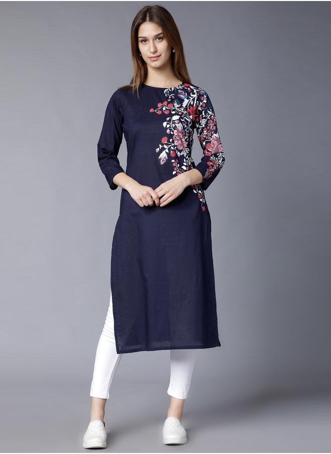Vishudh Women Navy Printed Straight Kurta by Styli  - Image 1