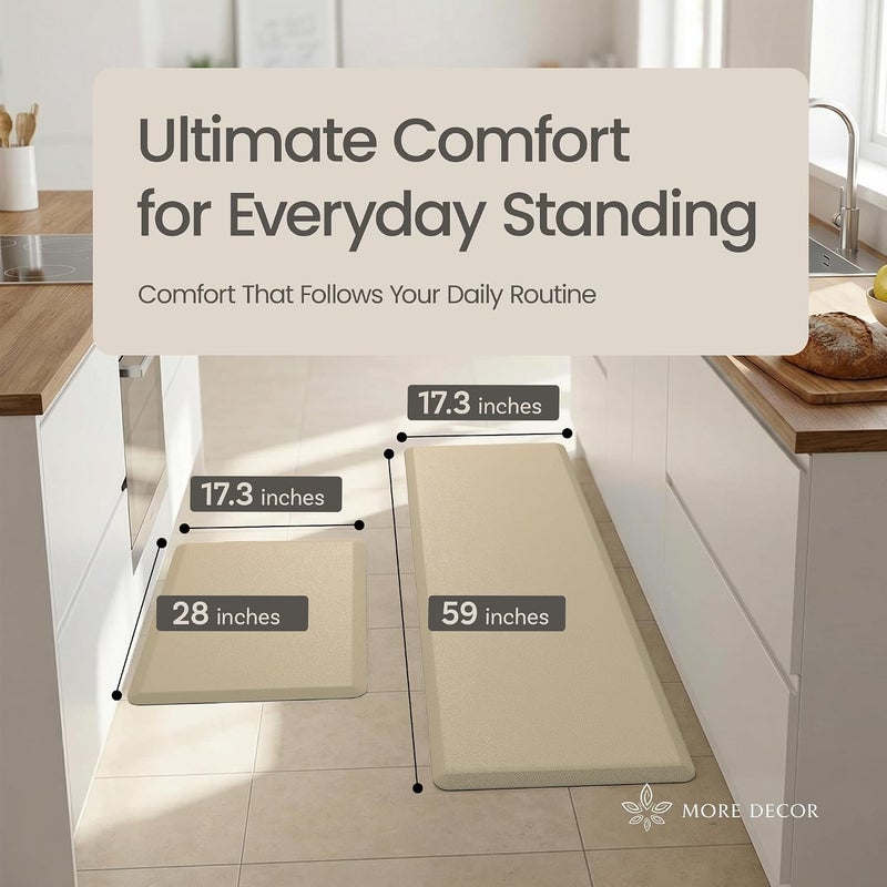 More Decor Anti Fatigue Kitchen Mats for Floor | Padded Kitchen Rugs | Non Slip, Cushioned Standing Desk Mat | Waterproof Floor Mat | 17.3" x 28" x 0.47" & 17.3" x 59" x 0.47", Beige, 2-Pack | More Décor - Image 2