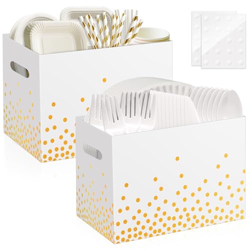 AKAIXI 2PCS White and Gold Utensil Holder Paper Utensil Caddy for Engagement Party Supplies Cutlery Holder with Handles Wedding Party Favors Snack Box Disposable Cutlery Caddy for Birthday Decorations - Image 1