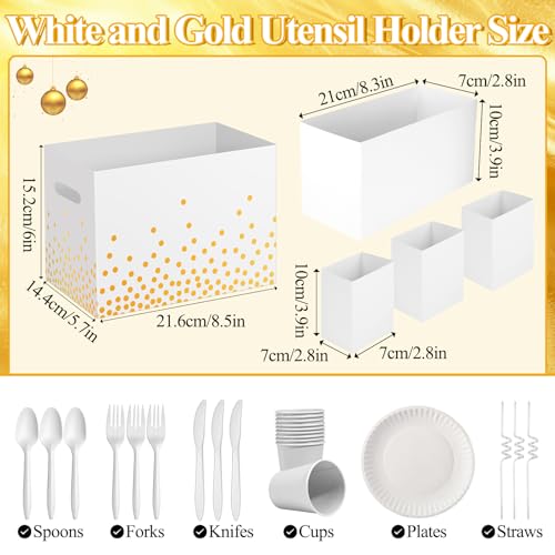 AKAIXI 2PCS White and Gold Utensil Holder Paper Utensil Caddy for Engagement Party Supplies Cutlery Holder with Handles Wedding Party Favors Snack Box Disposable Cutlery Caddy for Birthday Decorations - Image 3