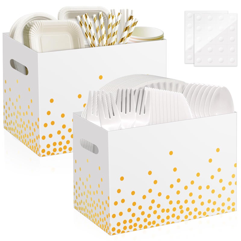 AKAIXI 2PCS White and Gold Utensil Holder Paper Utensil Caddy for Engagement Party Supplies Cutlery Holder with Handles Wedding Party Favors Snack Box Disposable Cutlery Caddy for Birthday Decorations - Image 2