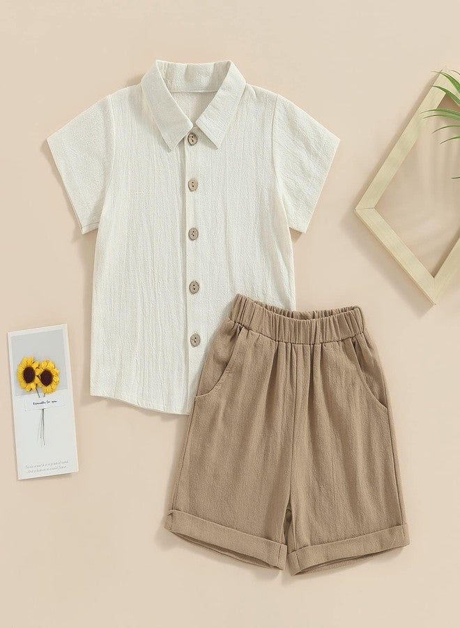ACESTAR Toddler Baby Boys 2 Pieces Cotton Linen Set Short Sleeve Button Down Shirt and Shorts Set Beach Shorts Spring Summer Outfits, Beige&Khaki, 110/2-3T - Image 2