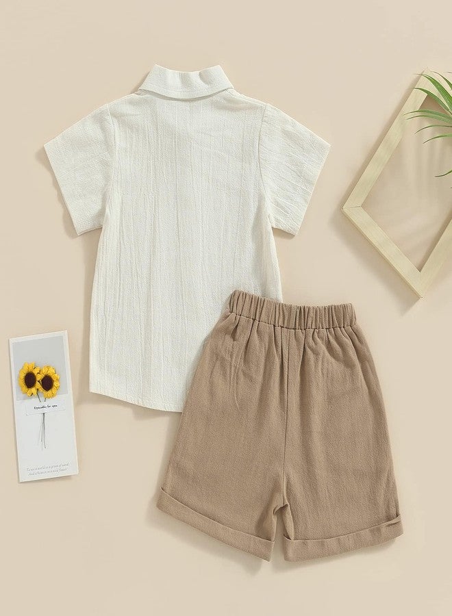 ACESTAR Toddler Baby Boys 2 Pieces Cotton Linen Set Short Sleeve Button Down Shirt and Shorts Set Beach Shorts Spring Summer Outfits, Beige&Khaki, 110/2-3T - Image 3