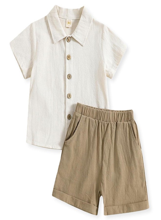 ACESTAR Toddler Baby Boys 2 Pieces Cotton Linen Set Short Sleeve Button Down Shirt and Shorts Set Beach Shorts Spring Summer Outfits, Beige&Khaki, 110/2-3T - Image 1