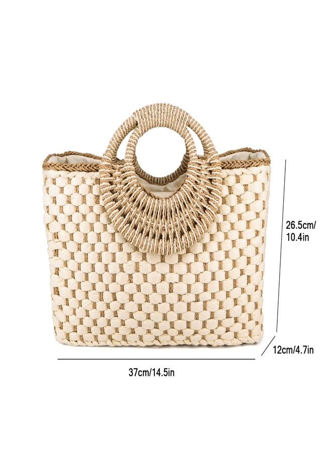 QTKJ Women Summer Retro Straw Bag with Zip Hand-woven Beach Handbag Top Round Handle Boho Tote Bag Shopping and Travel Large Bag (Beige 2) - Image 4