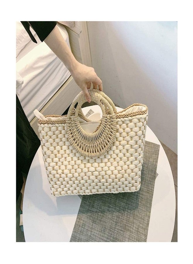 QTKJ Women Summer Retro Straw Bag with Zip Hand-woven Beach Handbag Top Round Handle Boho Tote Bag Shopping and Travel Large Bag (Beige 2) - Image 2
