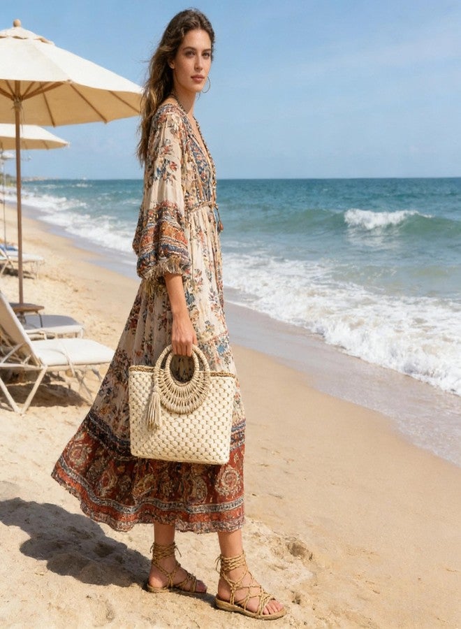 QTKJ Women Summer Retro Straw Bag with Zip Hand-woven Beach Handbag Top Round Handle Boho Tote Bag Shopping and Travel Large Bag (Beige 2) - Image 5