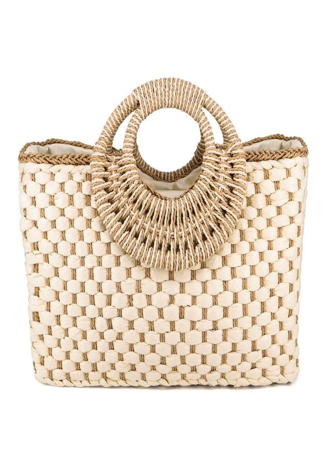 QTKJ Women Summer Retro Straw Bag with Zip Hand-woven Beach Handbag Top Round Handle Boho Tote Bag Shopping and Travel Large Bag (Beige 2) - Image 1