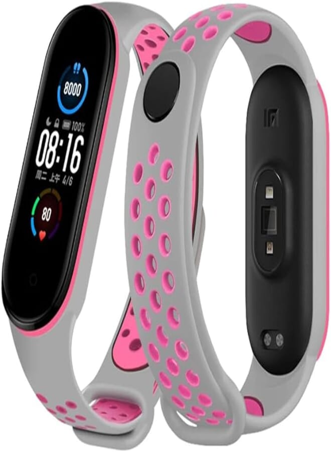 Next store Silicone Sport Strap Compatible with Mi Band 5 / Mi Band 6 Breathable Replacement Strap Compatible with Xiaomi Mi Band 5 6 Smart Watch, One Size (Grey/Pink)