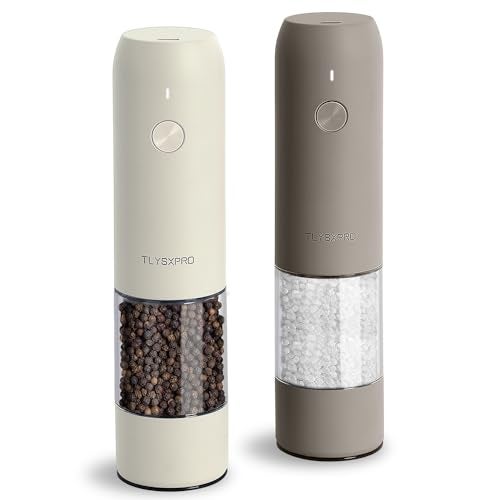 TLYSXPRO Electric Salt and Pepper Grinder Set, USB Rechargeable, Automatic Salt and Pepper Mill Grinder with Adjustable Coarseness, Electric Salt Shakers, LED Light, Refillable (2 Packs, Greige&Buttercream) - Image 1