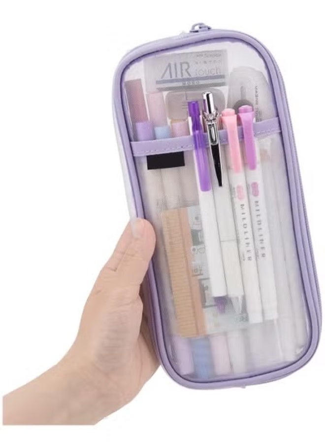 Grid Mesh Pen Pencil Case with Zipper Clear Makeup Color Pouch Cosmetics Bag Multi-Purpose Travel School Teen Girls Transparent Stationary Bag Office Organizer Box for Adluts(Purple) - Image 1