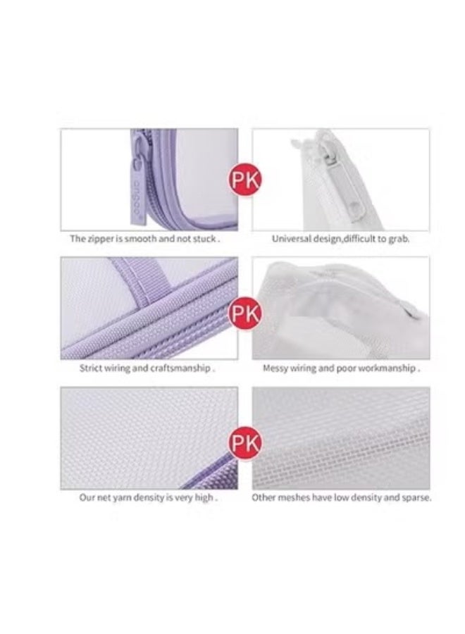 Grid Mesh Pen Pencil Case with Zipper Clear Makeup Color Pouch Cosmetics Bag Multi-Purpose Travel School Teen Girls Transparent Stationary Bag Office Organizer Box for Adluts(Purple) - Image 3