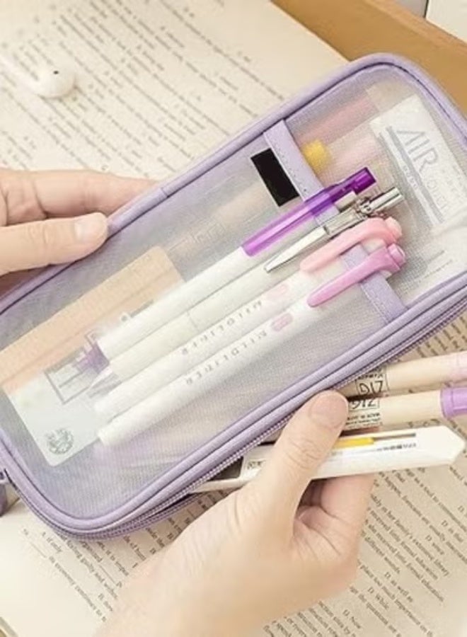 Grid Mesh Pen Pencil Case with Zipper Clear Makeup Color Pouch Cosmetics Bag Multi-Purpose Travel School Teen Girls Transparent Stationary Bag Office Organizer Box for Adluts(Purple) - Image 2