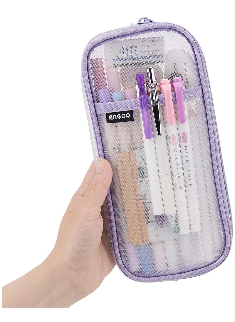 Generic Grid Mesh Pen Pencil Case with Zipper Clear Makeup Color Pouch Cosmetics Bag Multi-Purpose Travel School Teen Girls Transparent Stationary Bag Office Organizer Box for Adluts(Purple)  - Image 1