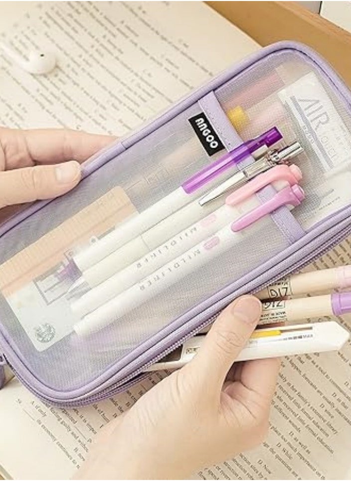 Generic Grid Mesh Pen Pencil Case with Zipper Clear Makeup Color Pouch Cosmetics Bag Multi-Purpose Travel School Teen Girls Transparent Stationary Bag Office Organizer Box for Adluts(Purple)  - Image 2
