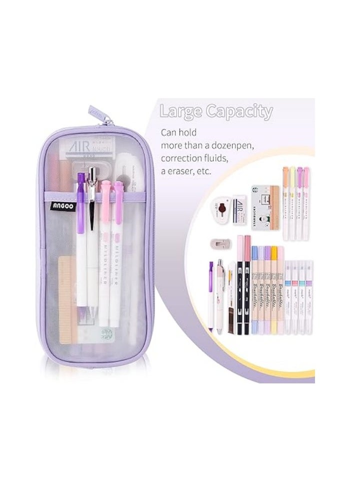 Generic Grid Mesh Pen Pencil Case with Zipper Clear Makeup Color Pouch Cosmetics Bag Multi-Purpose Travel School Teen Girls Transparent Stationary Bag Office Organizer Box for Adluts(Purple)  - Image 3