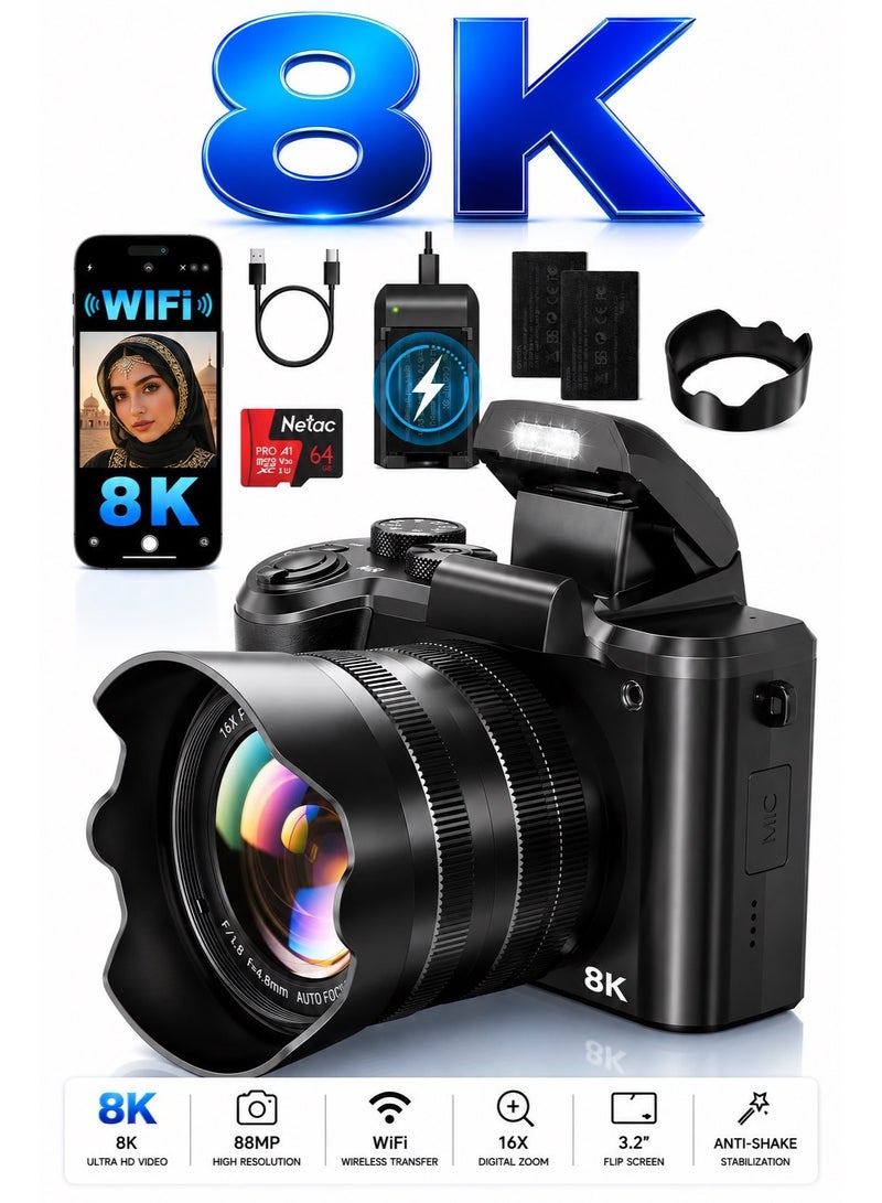 Milatech 8K 88MP Digital Camera with Autofocus, Dual Lens, WiFi, 16X Zoom & Touch Screen, 2 Batteries & Charging Stand - Image 1