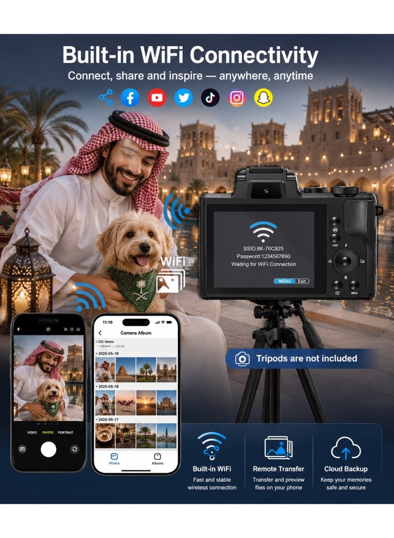 Milatech 8K 88MP Digital Camera with Autofocus, Dual Lens, WiFi, 16X Zoom & Touch Screen, 2 Batteries & Charging Stand - Image 5