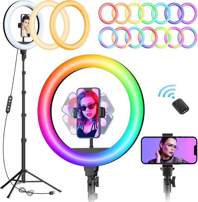 حلقة ضوء RGB من مقاس 12 بوصة مع حامل ثلاثي القوائم بارتفاع 63 بوصة، ووضع CCT ثلاثي و39 وضعًا للألوان، حلقة ضوء سيلفي مع حامل، ضوء LED حلقي 2 في 1 مع جهاز تحكم عن بعد للسيلفي، للمكياج والبث المباشر - Image 1