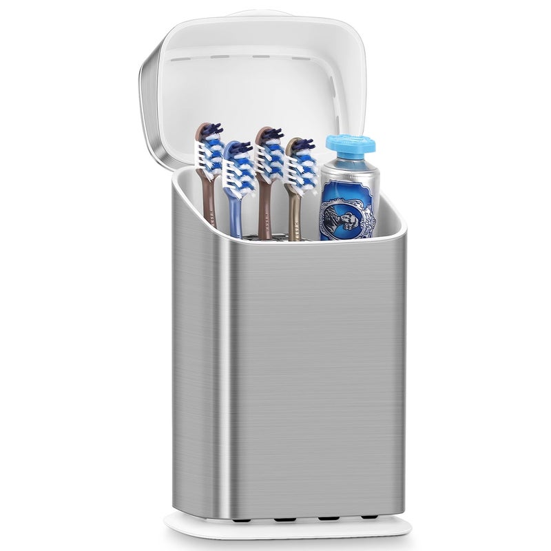 GFWARE Toothbrush Holders with Cover - 5 Slots Tooth Brush Holder for Bathroom, Detachable Bathroom Counter Organizer with Drainage Kids Toothbrush and Toothpaste Holde, Silver - Image 1