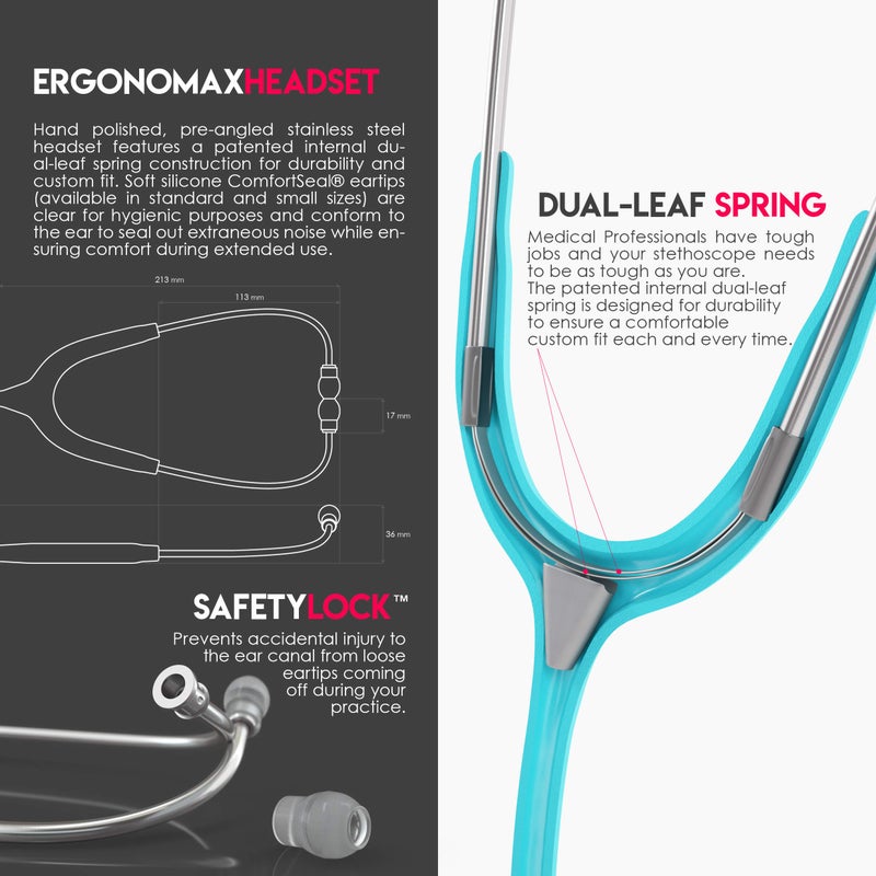 MDF Instruments ستيثوسكوب خفيف الوزن من MDF Instruments، أكوستيكا للأطباء والممرضين والطلاب، للاستخدام المنزلي، للبالغين، ذو رأس مزدوج، أنبوب أزرق باهت، رأس صدري فضي، MDF747XP03 - Image 5