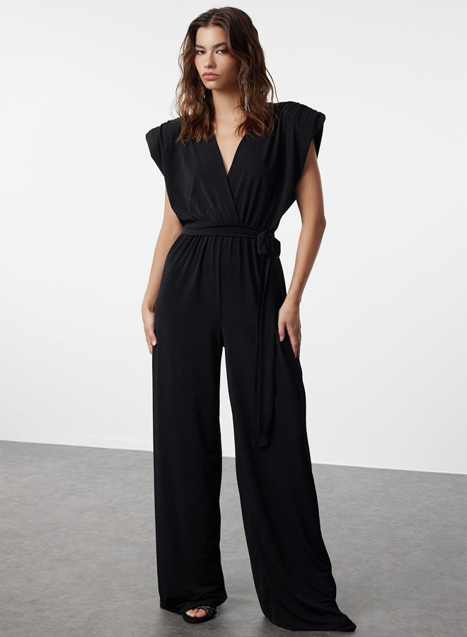 trendyol Black V Neck Belted Knitted Jumpsuit - Image 1